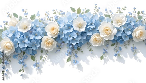 Fototapeta Naklejka Na Ścianę i Meble -  Elegant floral arrangement featuring white roses and blue hydrangeas on a bright white background