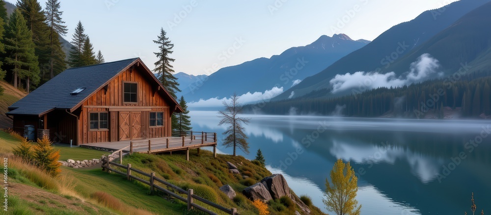 Fototapeta premium Barndominium concept. Cozy cabin by a serene lake surrounded by mountains and trees.