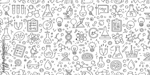 Seamless pattern with hand-drawn science and education icons. Vector background with chemistry and biology doodles for research.