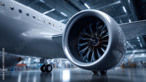 Close-up of a Commercial Airliner Engine in a Maintenance Hangar Setting