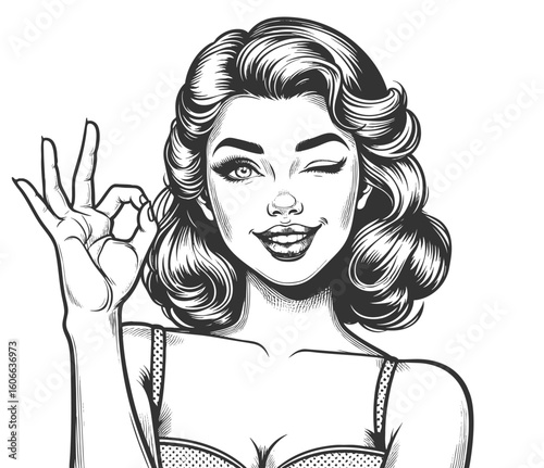 smiling woman winking and making an OK sign sketch engraving generative ai fictional character vector illustration. Scratch board imitation. Black and white image.