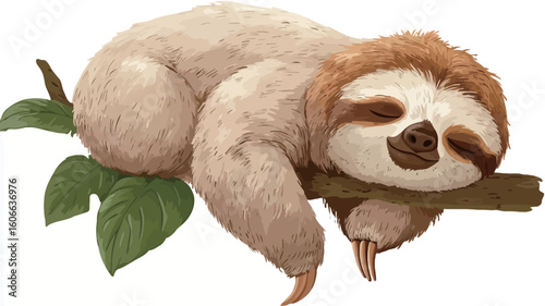 Digital illustration of a sloth sleeping on a tree branch. The sloth is depicted in a cartoonish style with light brown and beige fur.  The branch is dark brown, and green leaves are visible. 