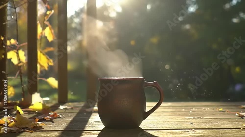 A steaming mug rests on a wooden deck surrounded by autumn leaves, capturing a serene morning scene