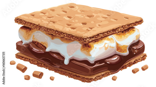 A digital illustration of a s'mores sandwich. The sandwich consists of two graham crackers with a layer of melted marshmallows and chocolate in between. The marshmallows are slightly browned and