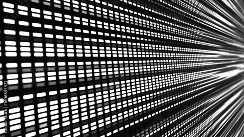 Monochrome illustration reminiscent of a light tunnel going to infinity. Geometrically verified rows of rectangles create the illusion of movement and acceleration. Gradients of black and white create