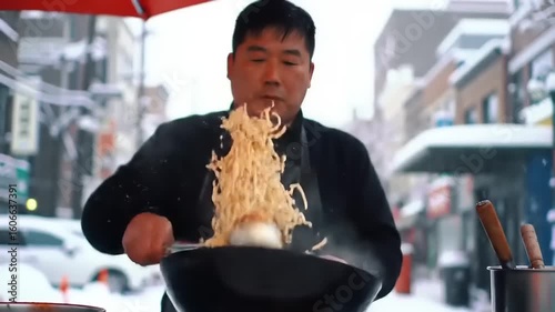 A street vendor skillfully prepares steaming noodles in a snowy urban setting, with city buildings in the background
