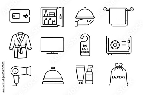 Hotel amenities icon set featuring minibar, safe, television, bathrobe, and laundry bag