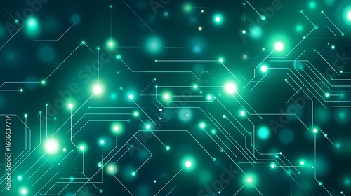 Turquoise computer circuit board background with glowing connections and bokeh lights for tech industry