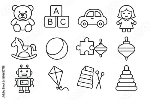 Line art toys: bear, blocks, car, doll, horse, ball, puzzle, top, robot, kite, xylophone, stacking rings