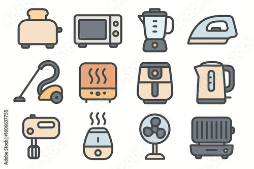 Icon set of kitchen and home appliances - toaster, microwave, blender, iron, vacuum, air fryer