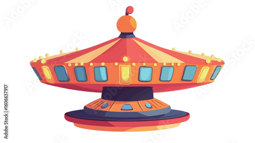 A digital illustration of a carousel, depicted in a simplified, almost cartoonish style. The carousel is predominantly red and orange with yellow lights and blue accents.