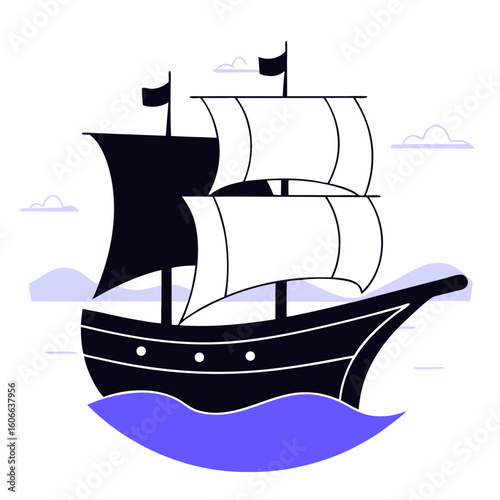 Sail ship with black sails on white background