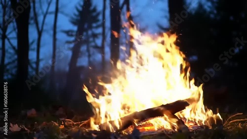 A vibrant campfire crackling in the woods at dusk, surrounded by trees, creating a warm ambiance