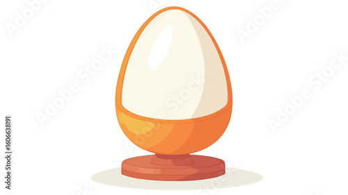 A digital illustration depicting a cartoon hard-boiled egg in an orange egg cup. The egg is white with a subtle suggestion of a yolk, and the egg cup is a simple orange design with a small brown
