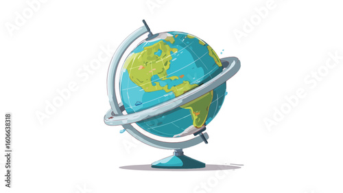 A digital illustration of a globe on a stand, depicted in a simplified, almost cartoonish style. The globe is primarily teal and green, showing landmasses and oceans. It is shown in motion