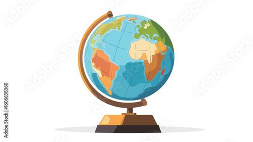 A digital illustration of a terrestrial globe on a stand. The globe is depicted in a simplified, cartoonish style with color-coded continents and oceans.  The stand is brown with a gold-colored