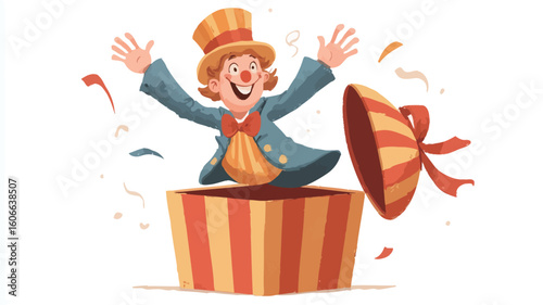 A digital illustration depicting a cartoon clown joyfully jumping out of a large, striped gift box. The clown is depicted with exaggerated features, wearing a top hat and a colorful outfit. 