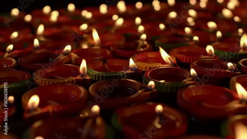 A vibrant display of traditional oil lamps illuminating a festive setting during a cultural celebration