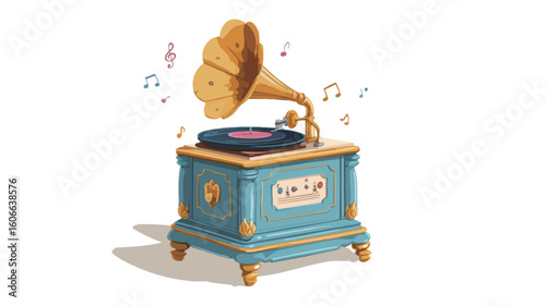 Digital illustration of a vintage gramophone. The gramophone is depicted in a teal and gold color scheme, with a large, golden horn. A dark grey vinyl record is on the turntable. Small,