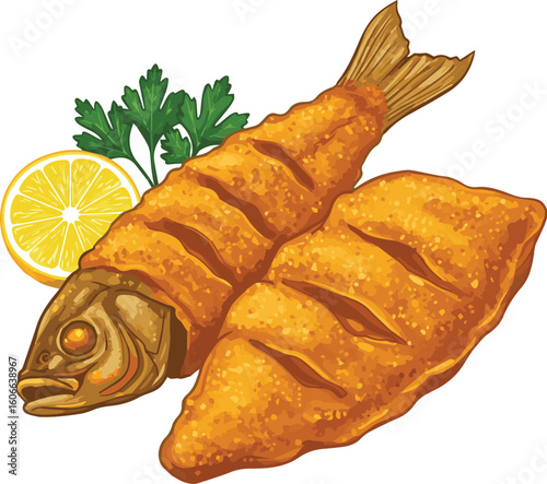 Flat vector icon of fried fish illustration for sticker, logo, book, t-shirt and more print or digital design