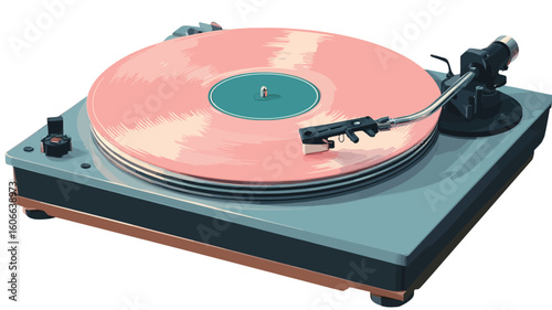 Close-up shot of a vintage turntable with a light-pink vinyl record playing. The turntable is light teal with a dark brown base. The tonearm is positioned over the record, which has a teal center