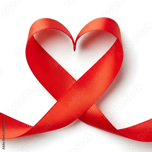 Red ribbon in a heart shape against a white background.