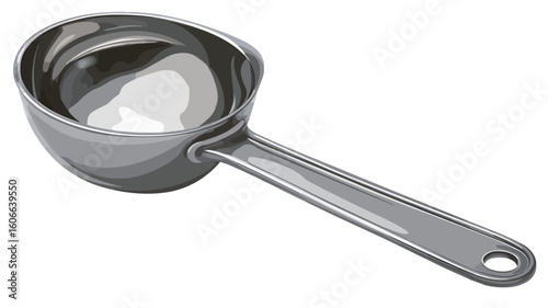 A high-angle, full shot of a stainless steel measuring scoop. The scoop is  grey/silver in color with a slightly reflective surface.  It has a rounded bowl and a long, slender handle with a small