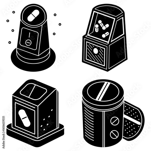 Four isometric illustrations of pill dispensers and pill containers in black and white design style
