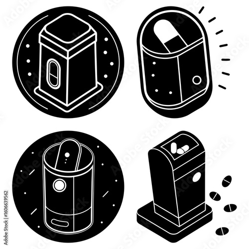 Four black and white medicine dispensers with various pill types and shapes in a graphic style design