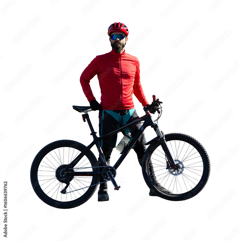 Obraz premium Cyclist riding bicycle on road against clear sky. A man in an outfit stands with a bicycle on an autumn sunny day.