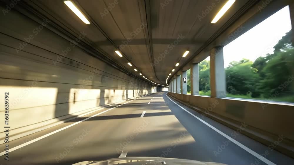 Point of view shot from inside car, driving through well lit, modern tunnel with openings to side. Concept of travel, journey, and moving forward. For transportation or automotive
