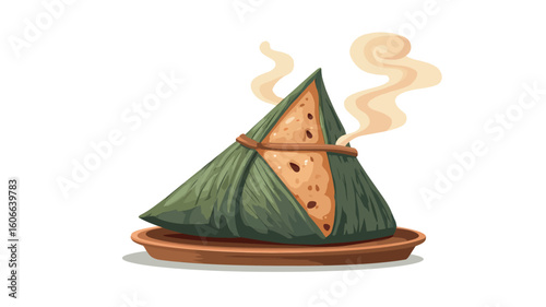 A digital illustration of a single zongzi, a triangular-shaped rice dumpling wrapped in bamboo leaves, sitting on a small brown plate. The zongzi is steaming, indicated by wispy lines emanating