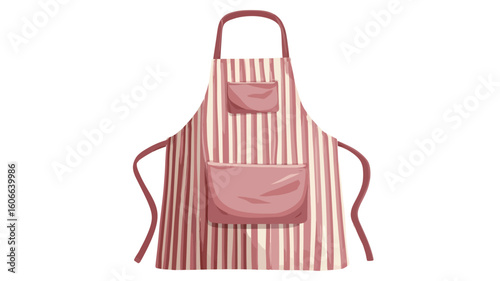 A digital illustration of a kitchen apron. The apron is predominantly red and white with vertical stripes. It features two pockets, one larger than the other, both a pinkish-red color.  