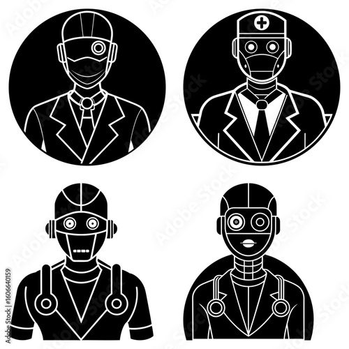Illustration of four robotic doctors in black and white with medical attire and stethoscope icons design
