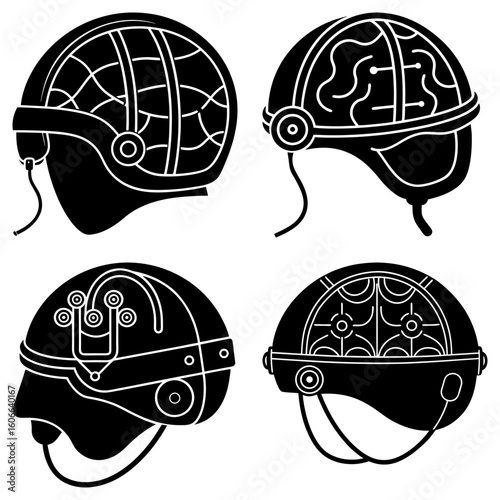 Four stylized black helmets with different internal designs on a white background are displayed here
