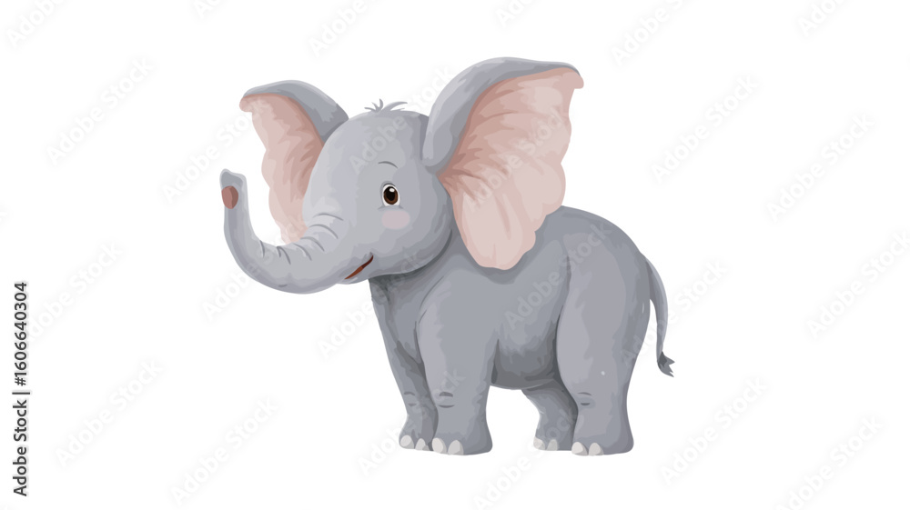 Naklejka premium Digital illustration of a baby elephant against a white background. The elephant is depicted in a cartoonish style with soft, rounded features. Its body is light grey, and its ears are a soft pink.