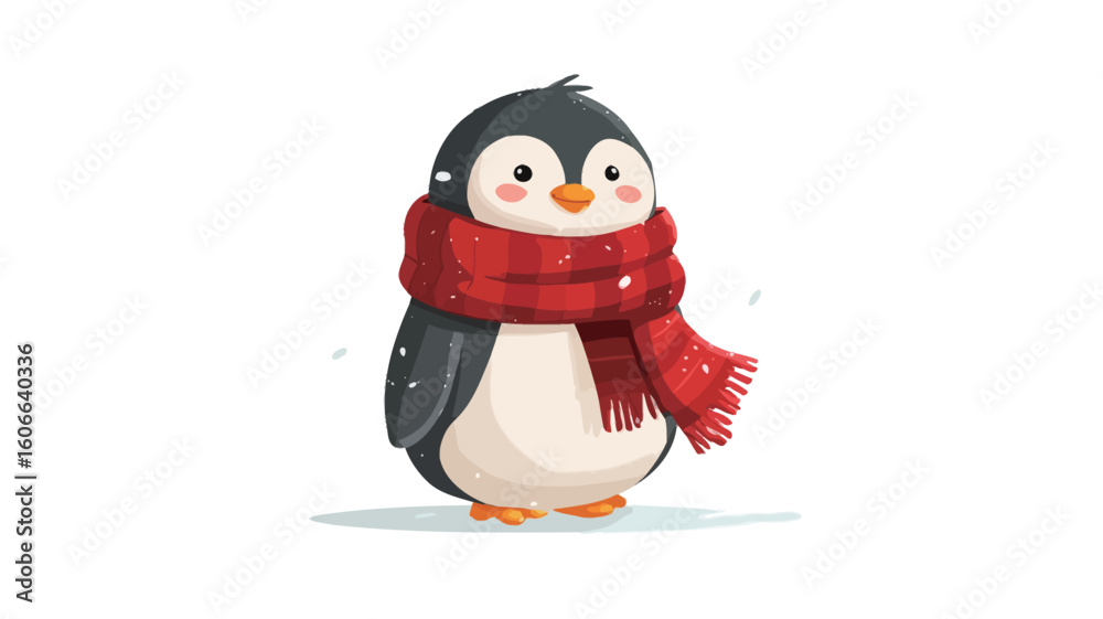 Fototapeta premium Digital illustration of a stylized cartoon penguin. The penguin is depicted in a frontal view, standing upright. It has a black head and back, white belly, and small orange beak. A red knitted