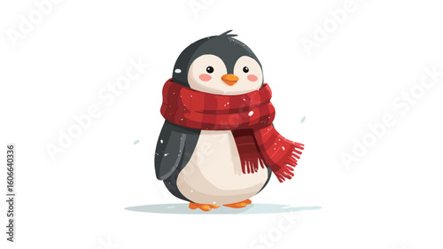 Digital illustration of a stylized cartoon penguin. The penguin is depicted in a frontal view, standing upright. It has a black head and back, white belly, and small orange beak.  A red knitted