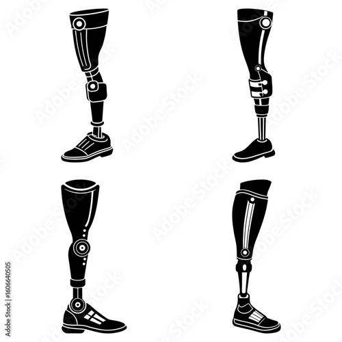 Illustration showing four prosthetic legs with different designs and attachment mechanisms in black and white