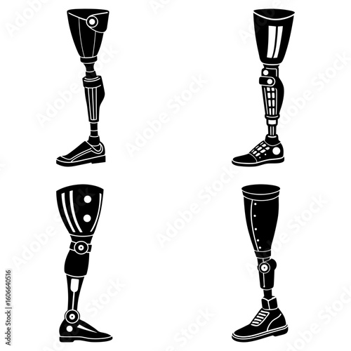 Illustration of four prosthetic legs each with a different design and style on a white background