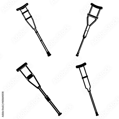 Four black and white illustrations of forearm crutches positioned in a square pattern on a white background