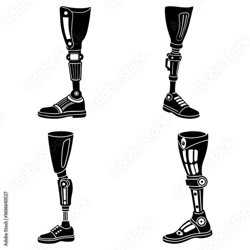 Illustration showcasing four distinct prosthetic leg designs in a monochrome graphic style format