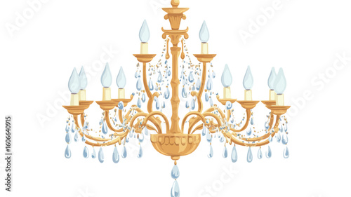 A digital illustration depicting a large, ornate gold chandelier against a white background. The chandelier features numerous arms, each holding a candle-like light source, and is adorned with