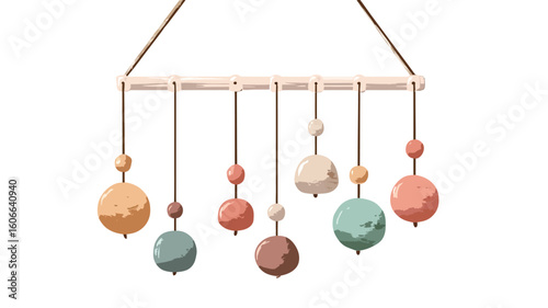 A digital illustration or rendering of a mobile hanging decoration.  The mobile consists of several pastel-colored pom-poms of varying sizes hanging from a light-colored wooden bar suspended by