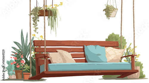 A digital illustration depicting a wooden hanging swing bench with a teal-colored cushion and pastel-colored pillows.  The swing is surrounded by various potted plants and hanging plants in