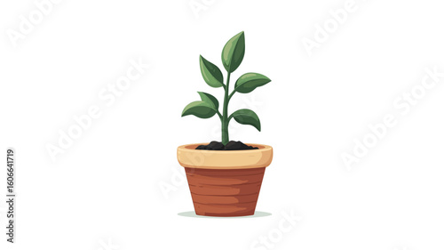 A digital illustration of a young plant with several green leaves growing from a small, brown terracotta pot. The plant is depicted in a simple, cartoonish style against a solid white background.