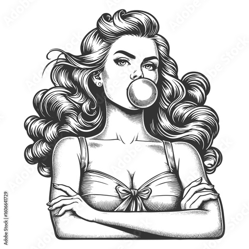 confident woman with curled hair and arms crossed, blowing a bubble with gum playfully sketch engraving generative ai fictional character vector illustration. Scratch board. Black and white image.