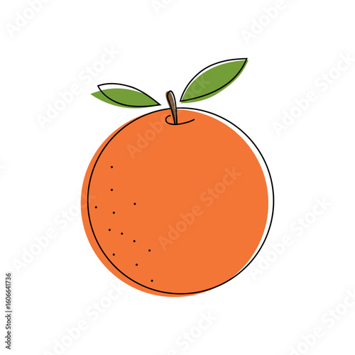 A whole orange with leaves, isolated on a white background, bright vector illustration with outline, flat design. Citrus juicy and sweet. fresh fruit. Decorative element for decoration, poster, label