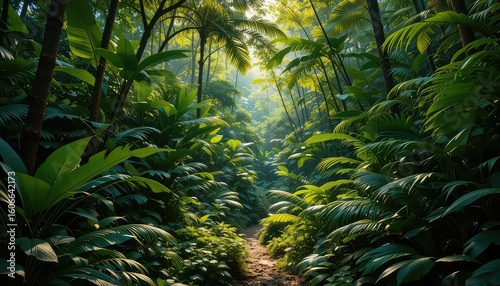 Fototapeta Naklejka Na Ścianę i Meble -  Lush green jungle path with dense vegetation and sunlight streaming through the canopy above