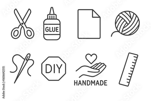 Crafting essentials: scissors, glue, paper, yarn, needle, diy, handmade symbols